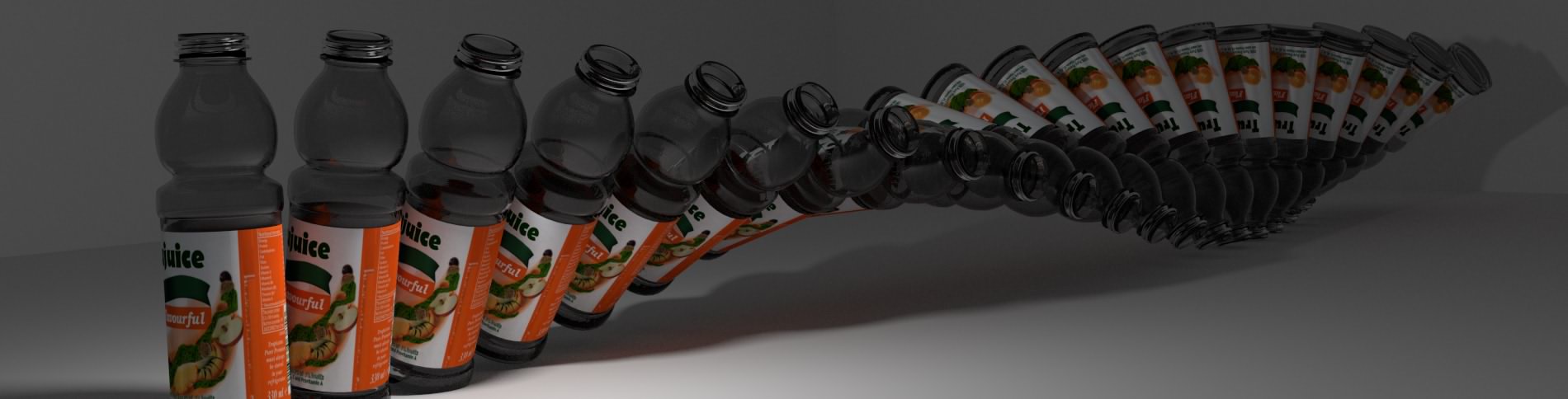 3D rendered image of glass juice bottle being flipped 180 degrees